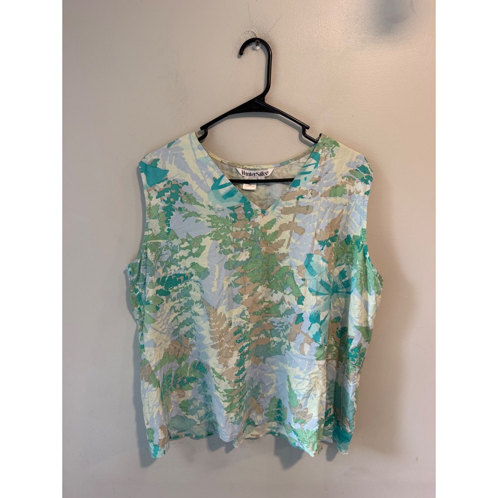 WinterSilks Womens XL Green Blue Botanical Leaf Print 100% Silk V-Neck Tank Top